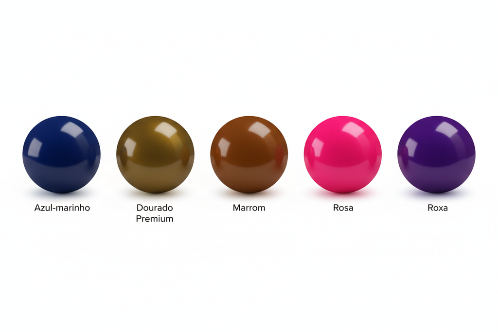Variações de cor: Azul-marinho, Dourado Premium, Marrom, Rosa, Roxo